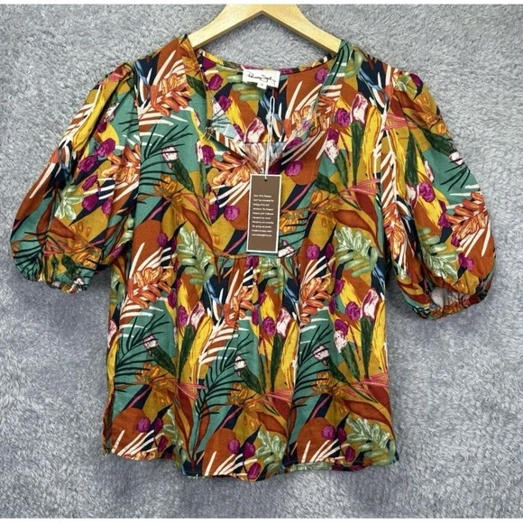 NWT Panama Jack Womens Top Linen Blend Puff Slv Tropical Boxy V Neck Boho Sz M - Picture 1 of 11